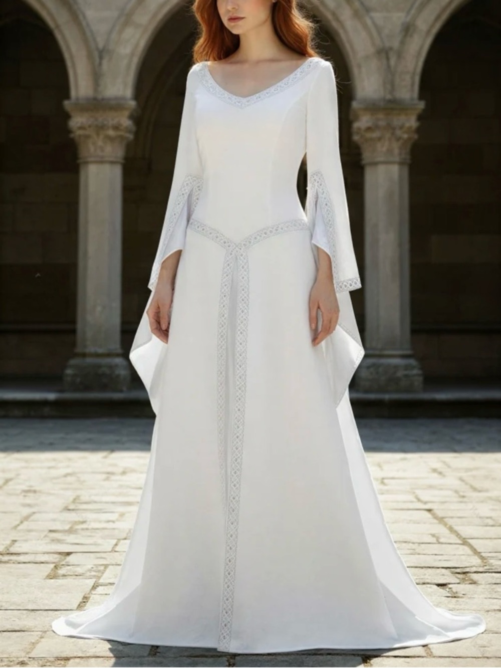 Renaissance Medieval Times Elegant White Long Sleeve Dress